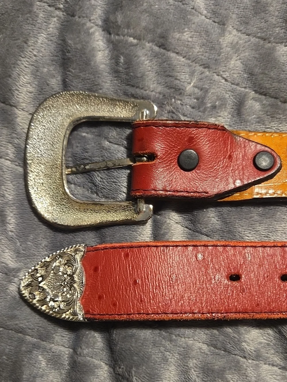 Tex Tan-Red Cowhide Western Belt with Stud and Floral Details-Size Medium